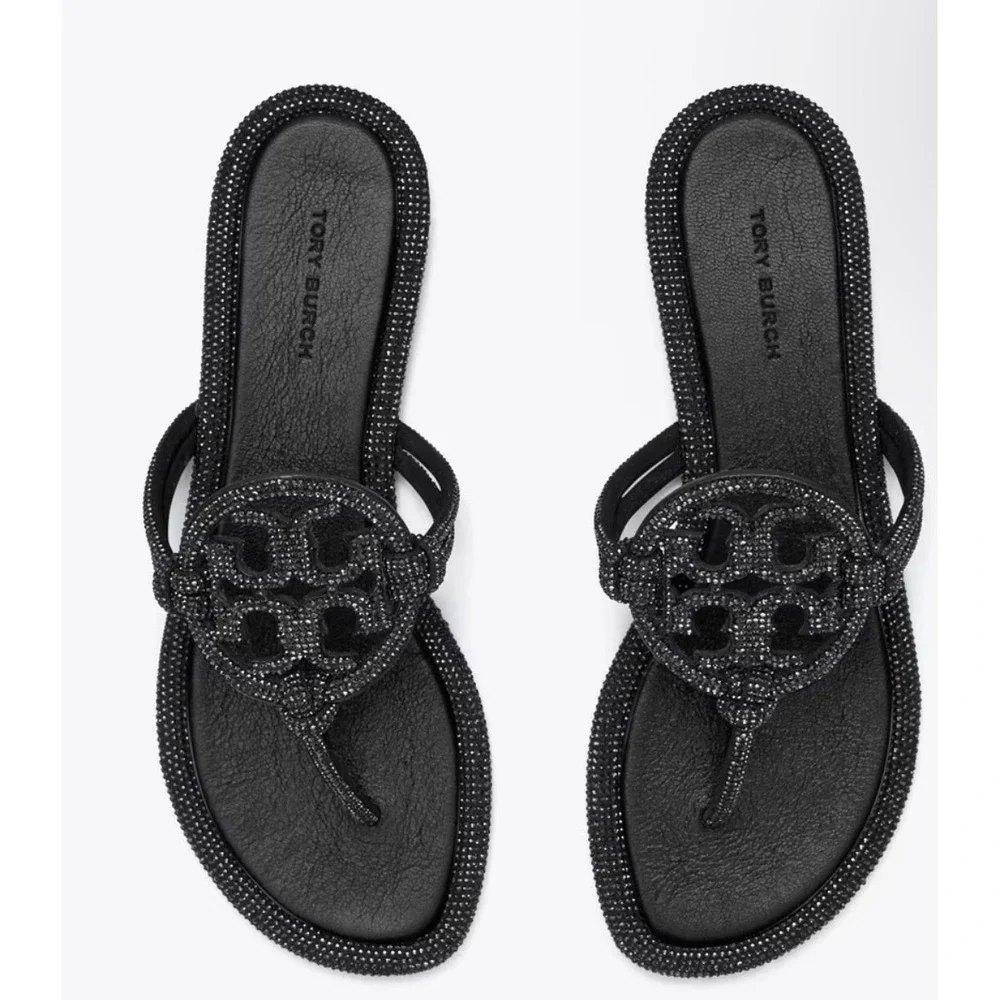 Tory Burch Women Size 9.5 Miller Knotted Pave Sandals Black Crystal Embellished